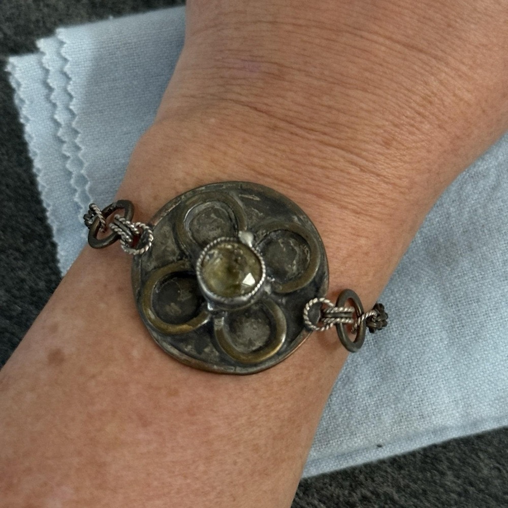 Vintage Signed Artisan Sterling & Mixed Metal Quartz Bracelet One Of A Kind Boho